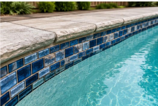 New blue waterline tile and stone coping along a pool edge