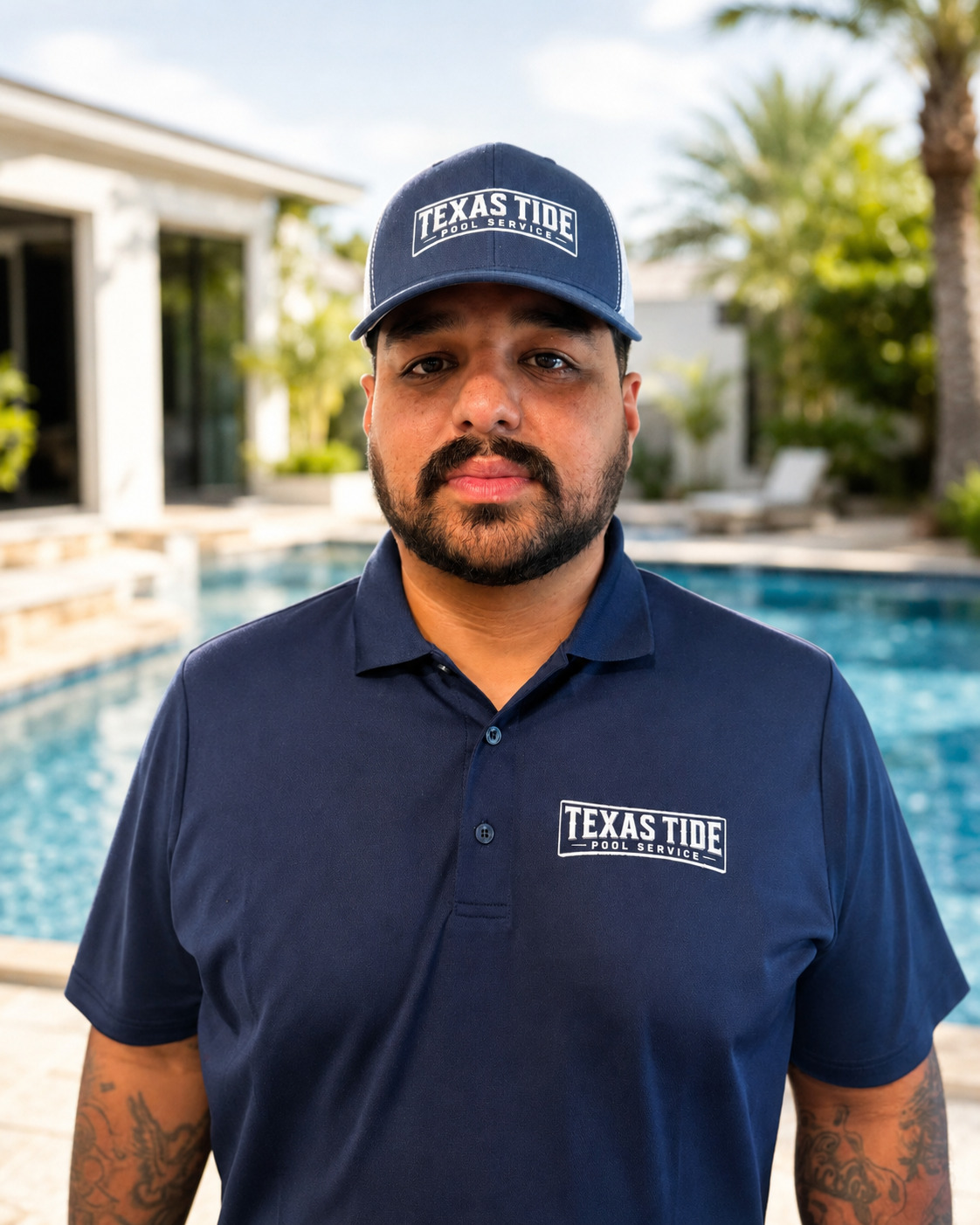 Anthony, co-owner of Texas Tide Pool Service, standing beside a pool